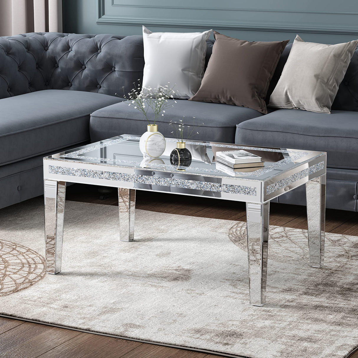 Silver Coffee Table with Crystals Inlay, 35 inches Modern Contemporary Accent Side or Coffee Table for