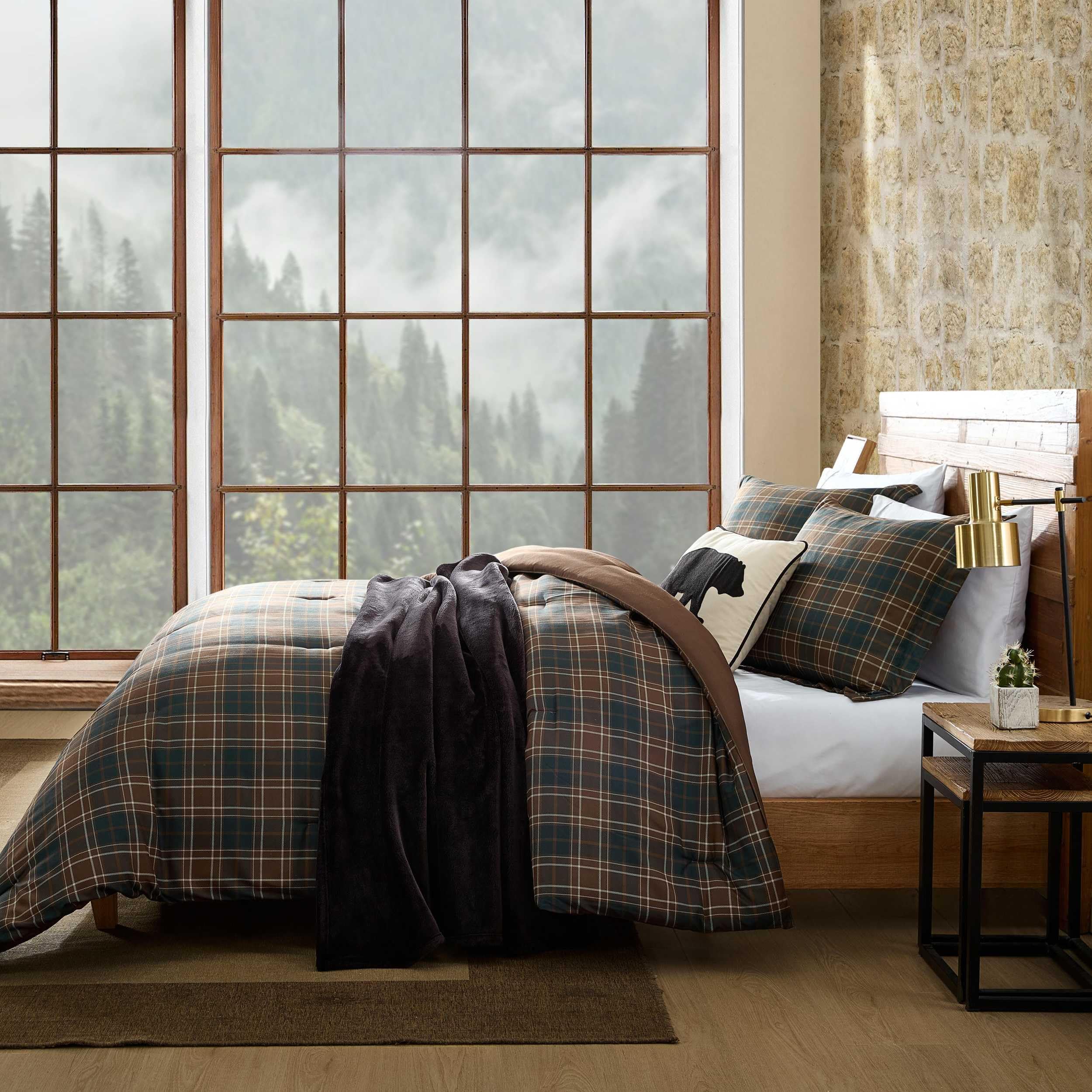 Queen Comforter Set - Huntley Plaid Brown 3-Piece Bedding with Matching Pillowcases