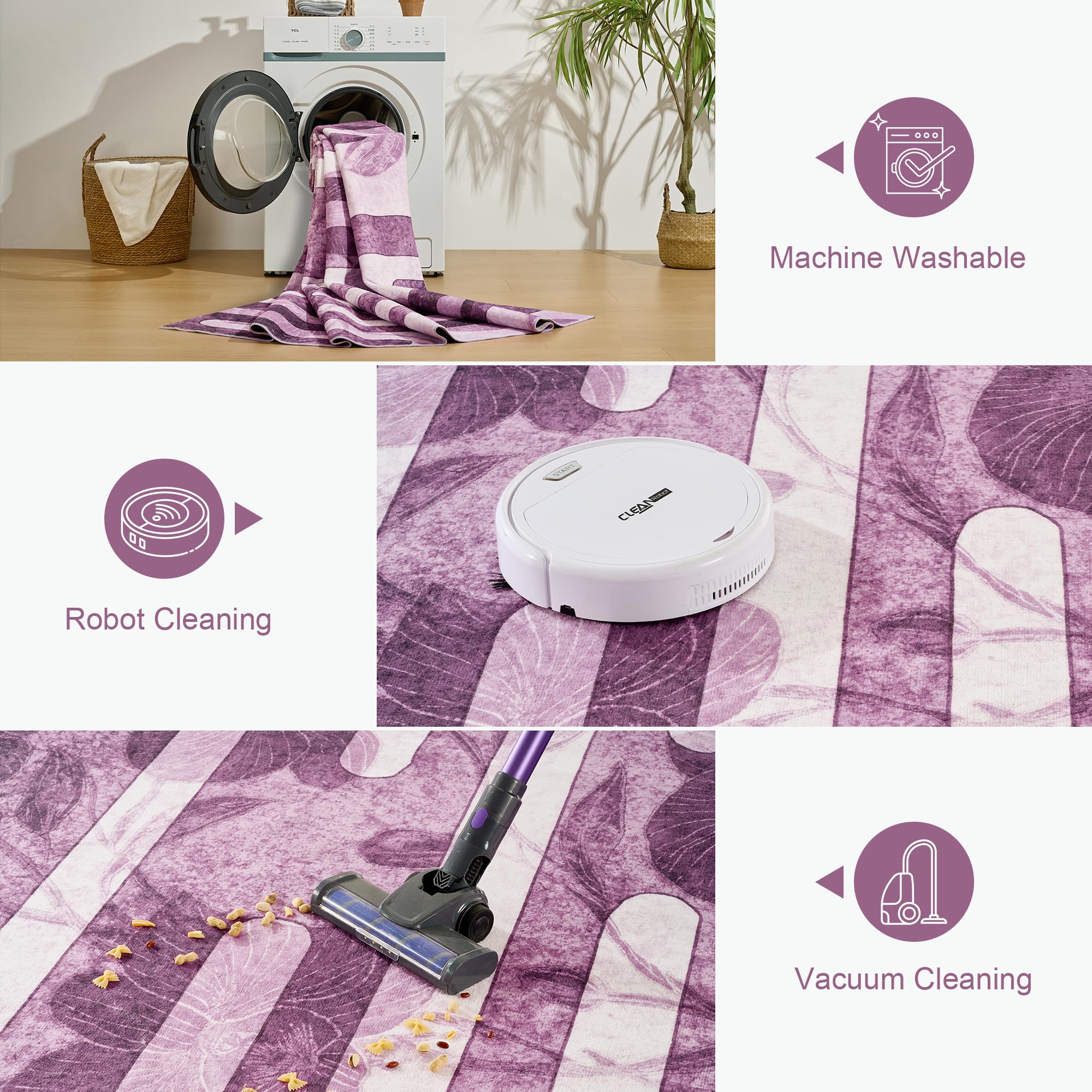 Zhangui 10x14 Purple Floral Rugs for Living Room - 10x14 Area Rug with Non Slip Backing, Dining Room Rugs for Under Table, Machine Washable Striped Rug for Bedroom