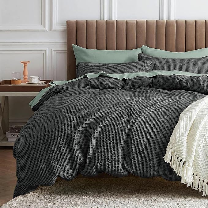 Waffle Comforter Set King, Beige Soft Cotton Bedding, Waffle Weave Bed Set