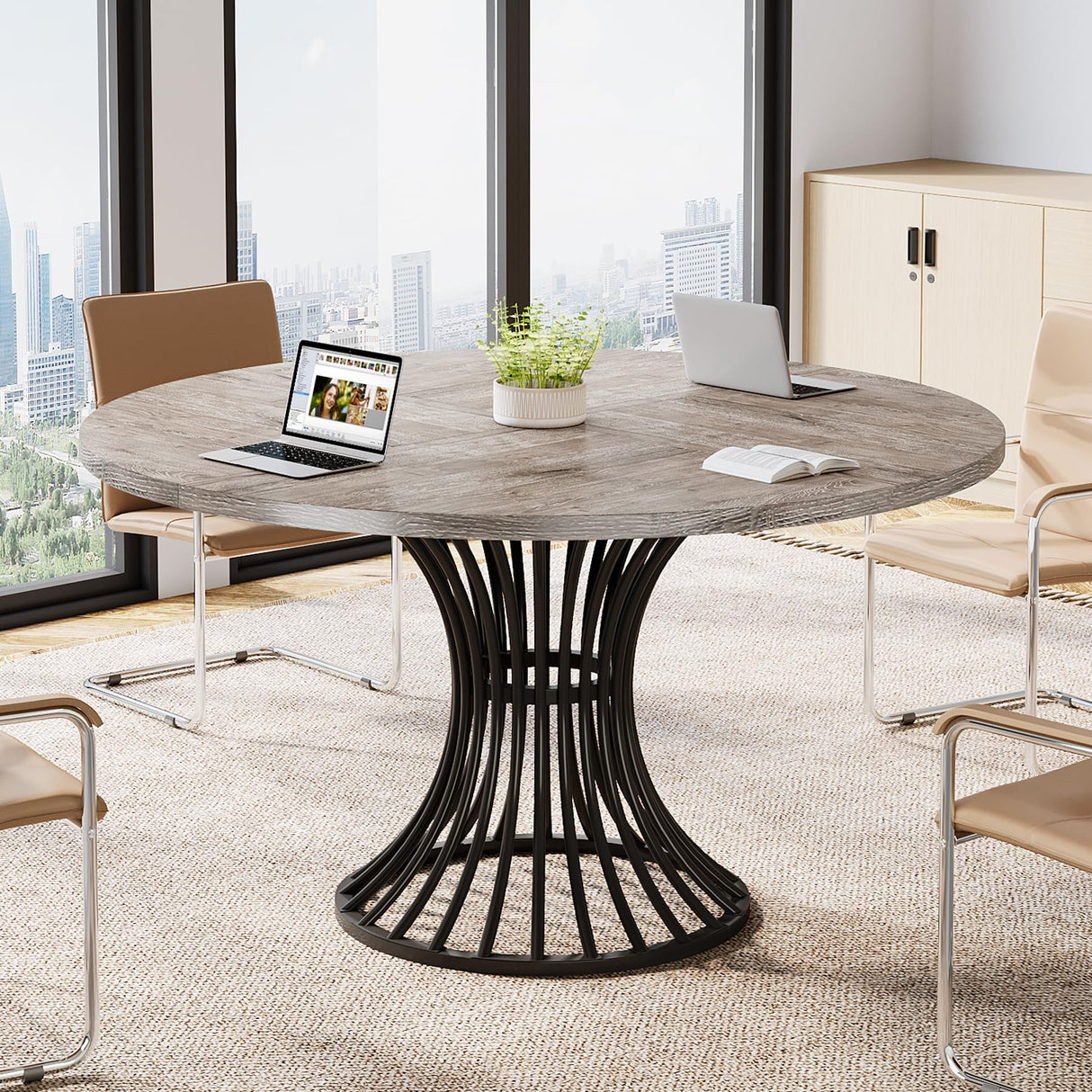 Round Conference Table for 4-6, 47-Inch Conference Room Table with Thickened Tabletop