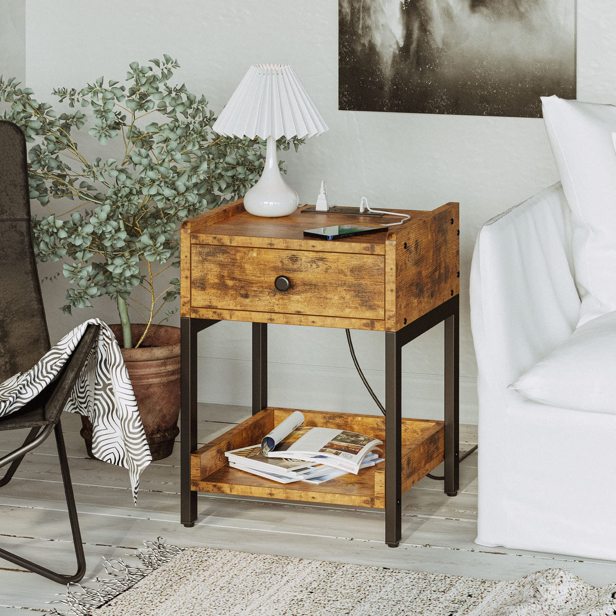 Nightstand, Bedside Table with Charging Station, Small End Table with Storage Drawer