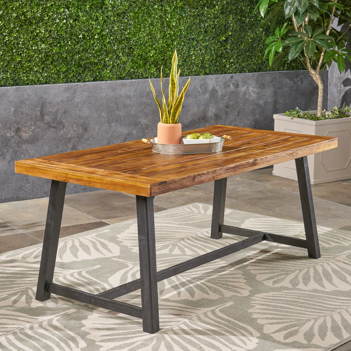 Toby Outdoor Acacia Wood Dining Table, Sandblast Teak Finish and Black