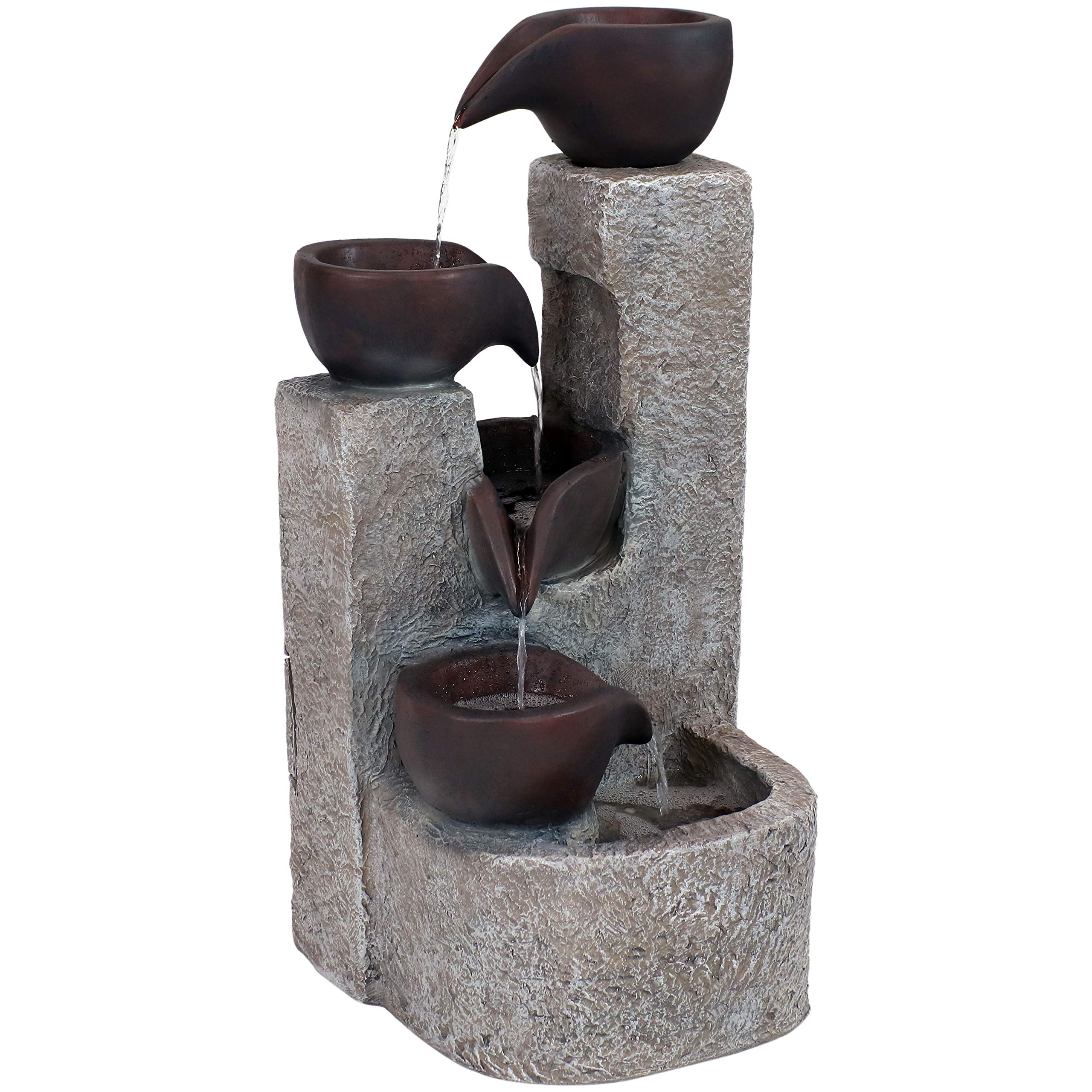 Aged Tiered Vessels 29-Inch Solar Fountain with Battery Backup - Submersible Pump - Polyresin