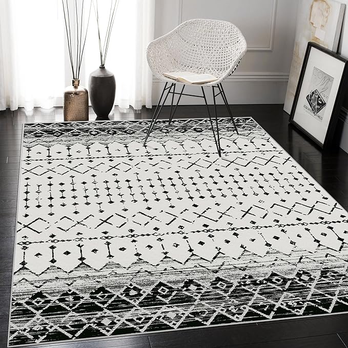 Machine Washable Area Rugs 5x7, Neutral Geometric Rugs for Living Room