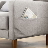 Mid-Century Modern Armchair with Armrest Pockets, Tufted Linen Fabric, Light Grey