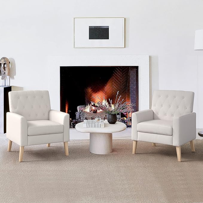 Linen Color Linen Accent Chair 18.5" H, Button Tufted Upholstered Modern Armchair
