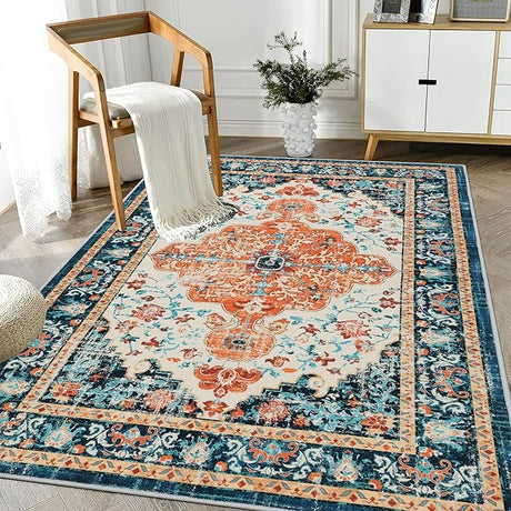 U'Artlines Boho Vintage Area Rug 5x7 Machine Washable Low Pile Ultra-Thin Soft Floor Carpet Non Slip Non Shedding Accent Rug for Living Room Bedroom Entryway Dining Room Office(Rust＆Teal)