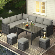 U-MAX 7 Pieces Patio Furniture Set, Outdoor Sectional Sofa Conversation Set, All Weather Wicker Rattan Dining Table & Chair with Ottoman, Grey Rattan&Grey Cushion
