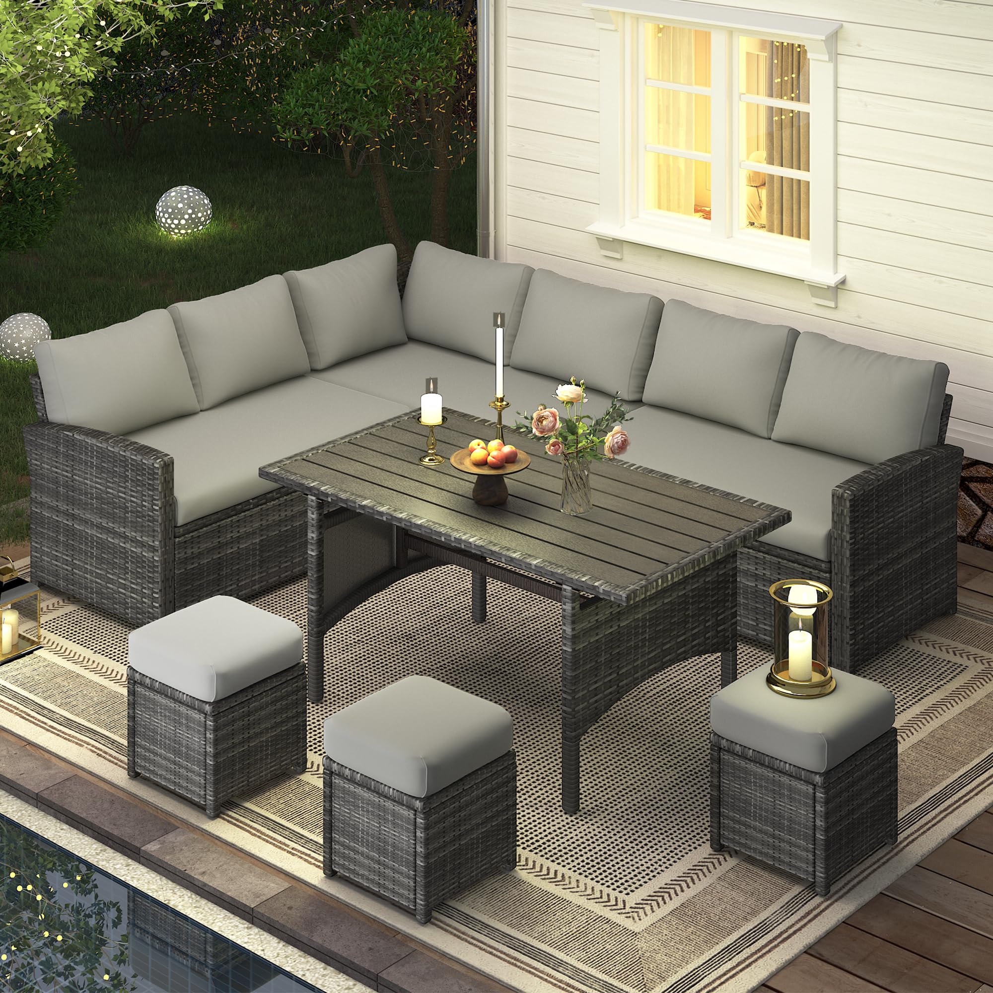 U-MAX 7 Pieces Patio Furniture Set, Outdoor Sectional Sofa Conversation Set, All Weather Wicker Rattan Dining Table & Chair with Ottoman, Grey Rattan&Grey Cushion