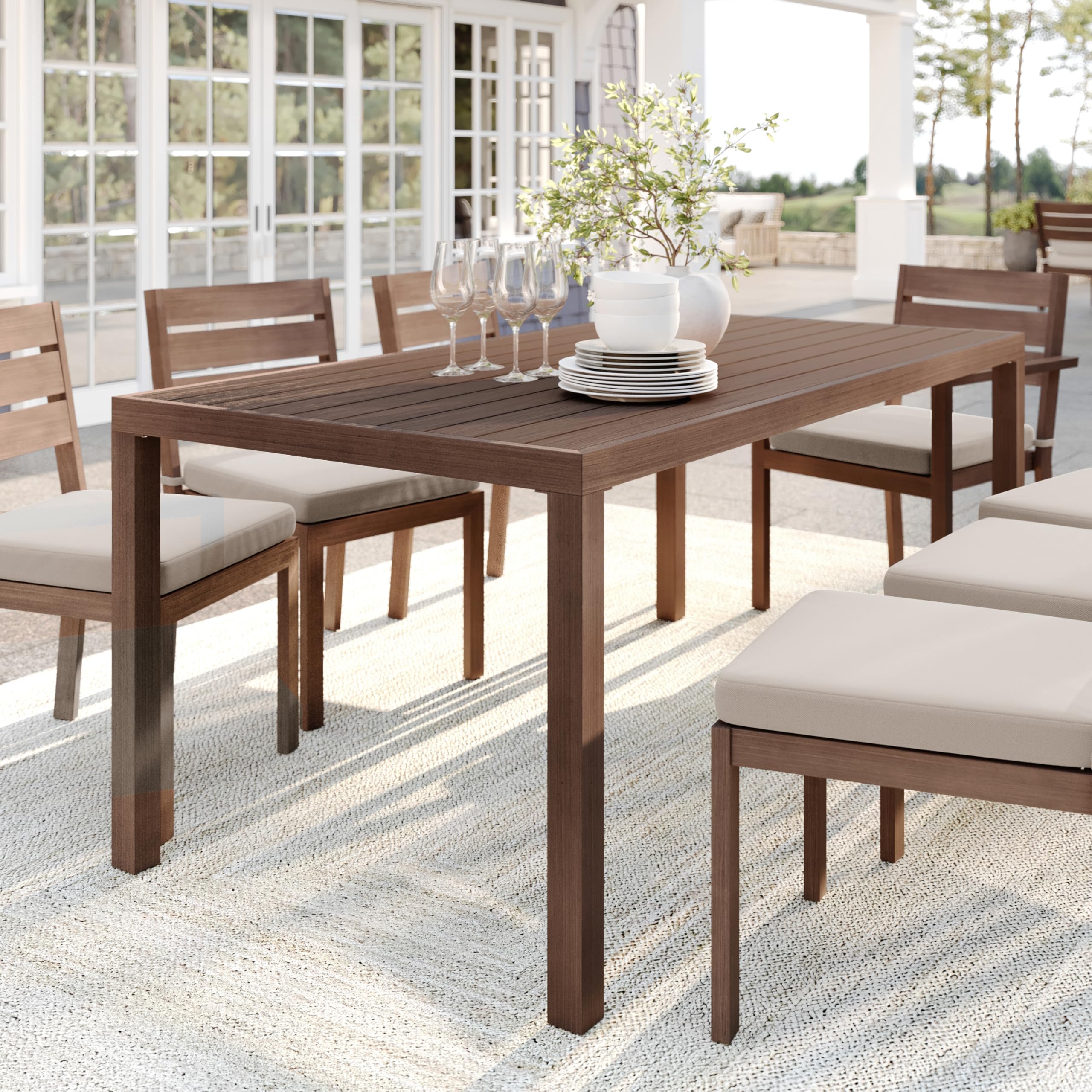 Bedford 70" Indoor-Outdoor Aluminum Patio Table with Umbrella Hole and Brushed