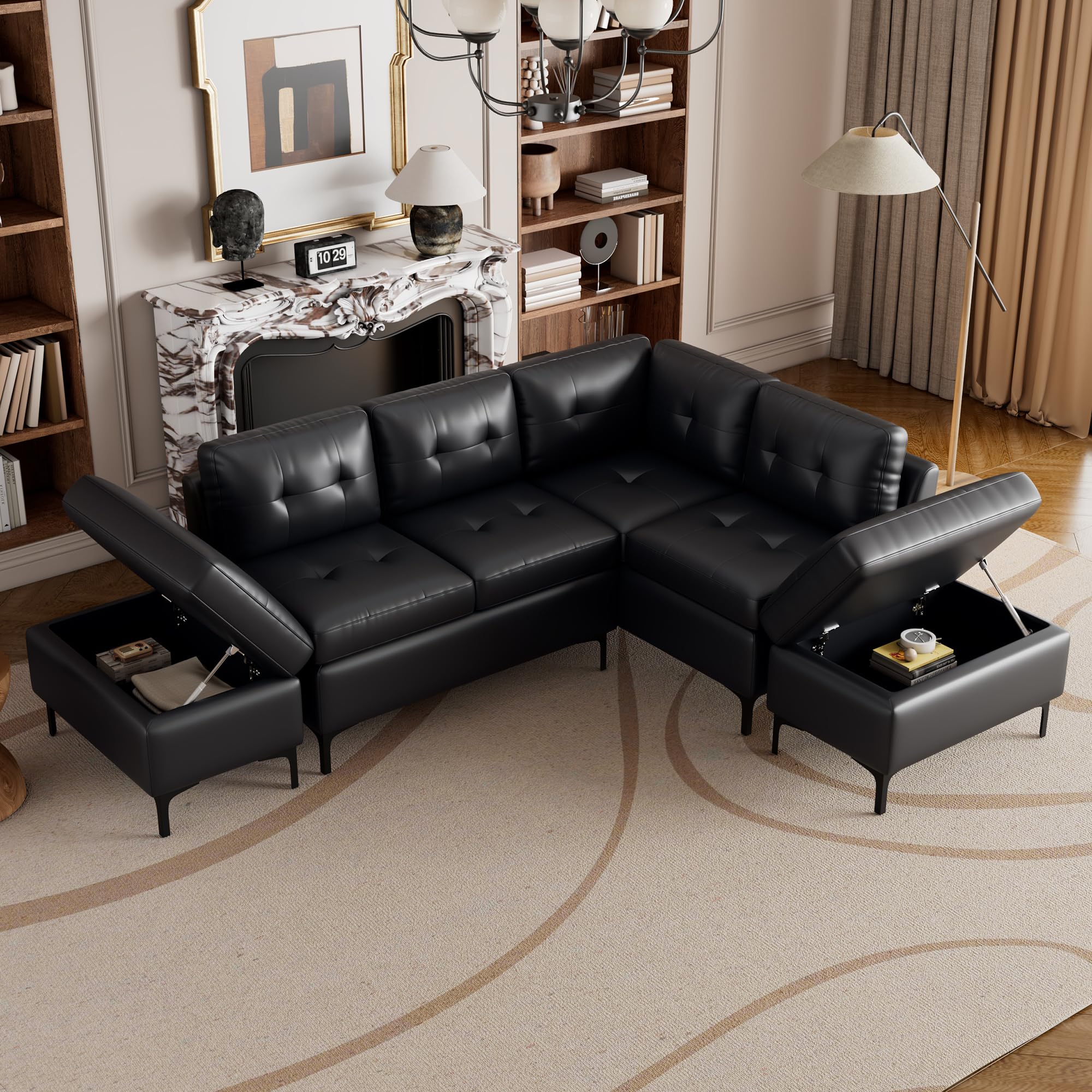 L-Shaped Pu Leather Sofa with 2 Movable Storage Ottoman, Modern Sectional Sofa