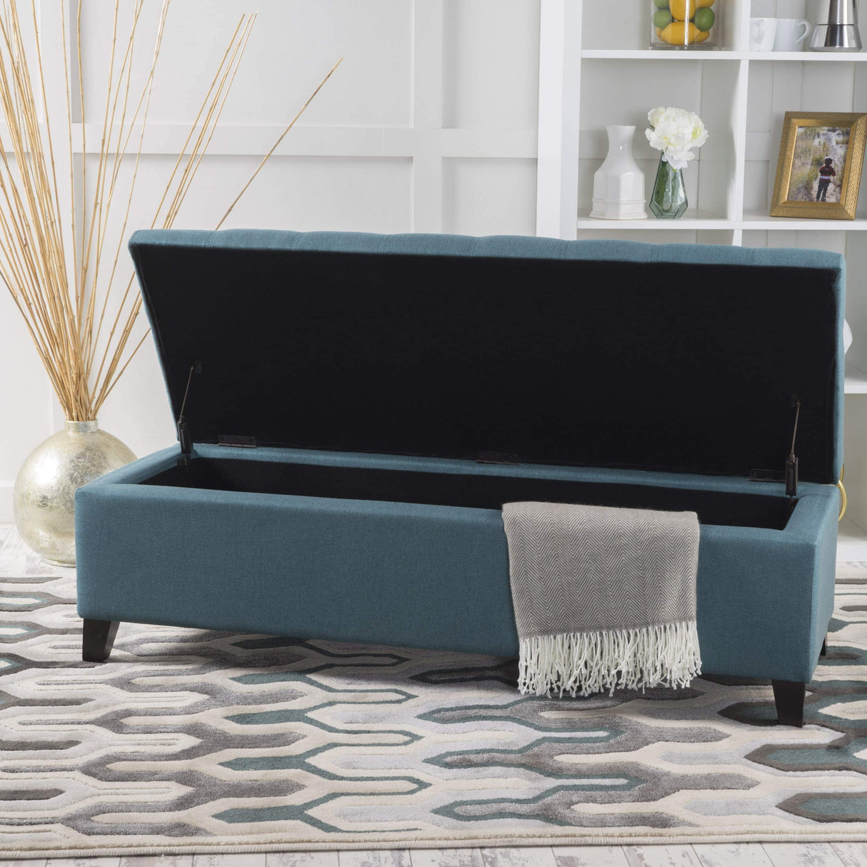 Mission Fabric Storage Ottoman, Dark Teal Dimensions: 19.25”D x 50.75”W x 16.25”H