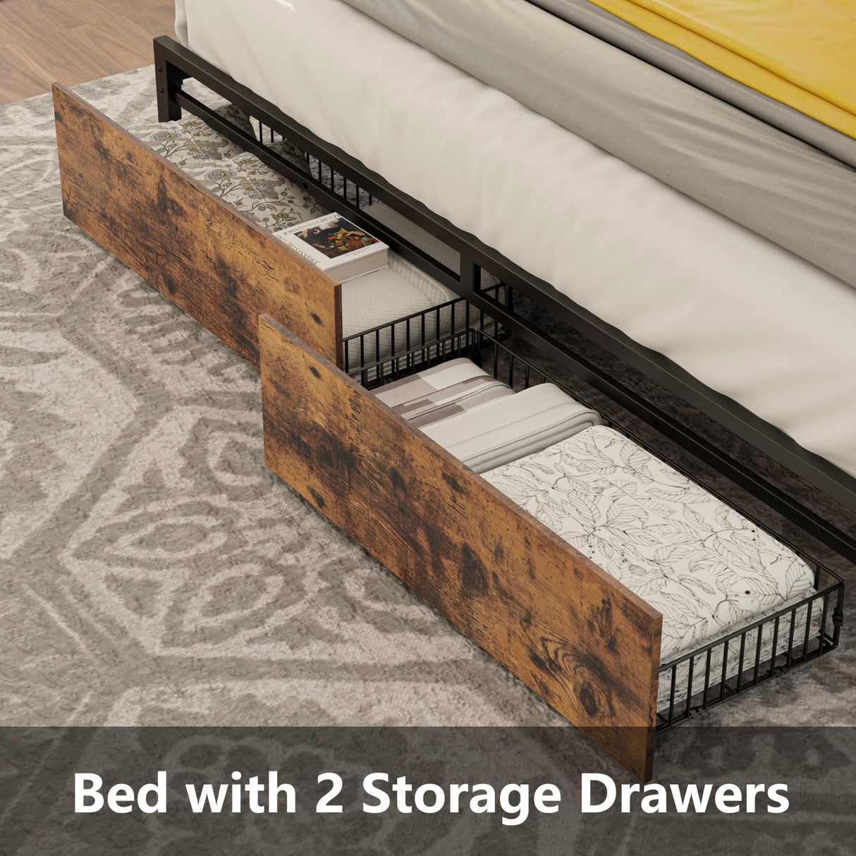 King Bed Frame with Storage Headboard, Platform Bed with Drawers and Charging Station,