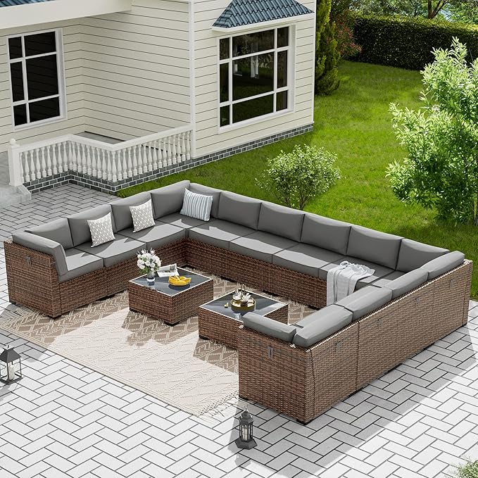 7 Pieces Patio Furniture Set, Outdoor Furniture Sectional Sofa Set with Slanted Back