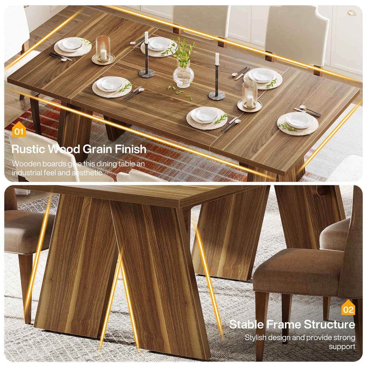 Large Dining Table for 6 People, Farmhouse Dinner Table, Rectangular Dining Table