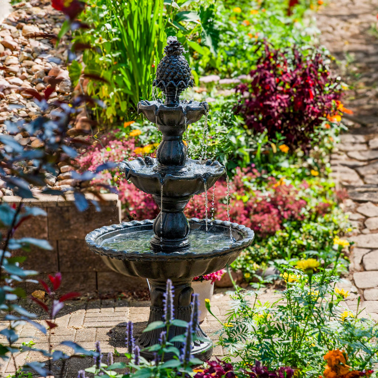 57" H Welcome 3-Tier Water Fountain - Large Electric Water Fountain with Pineapple Topper for Garden