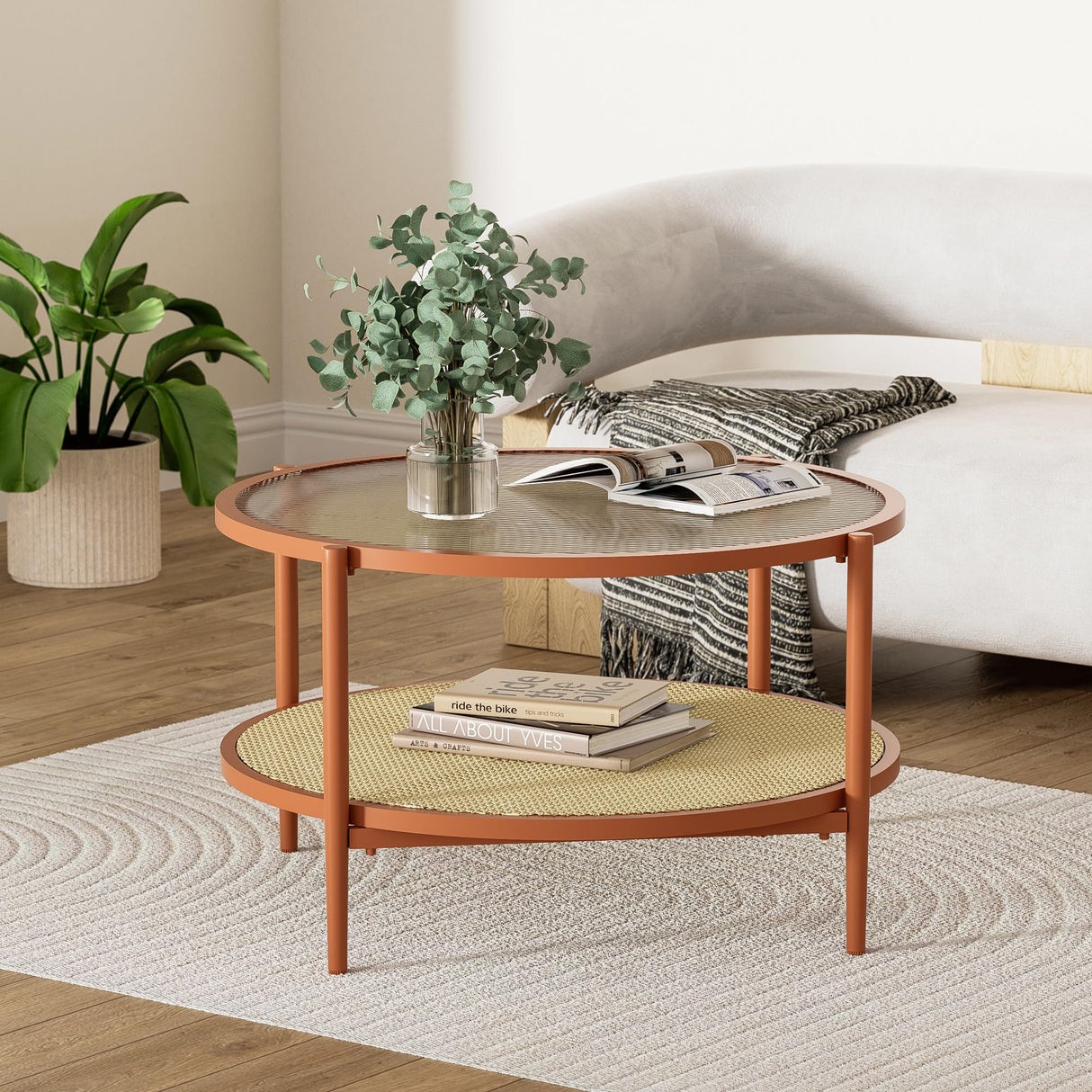 Brown Rattan Coffee Table, Round Mid Century Modern Coffee Table