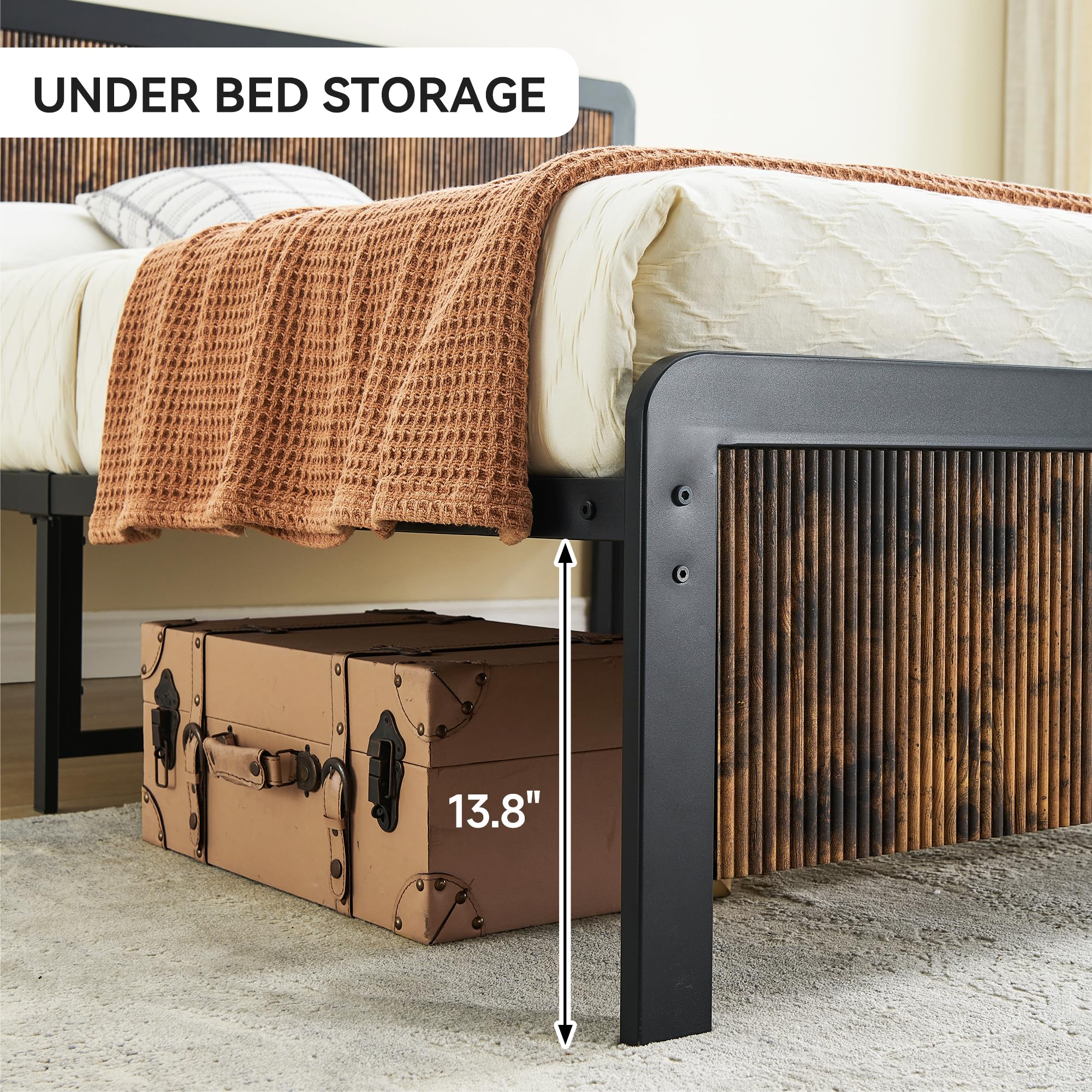 IDEALHOUSE Queen Size Bed Frame with Wave Wood Headboard, Queen Platform Bed Frame with Safe Rounded Corners & Under Bed Storage, Strong Metal Slats Support, No Box Spring Needed (Rustic Brown)