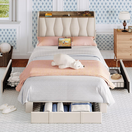 Twin Bed Frame with 3 Drawers, Upholstered Platform Bed with Storage Headboard