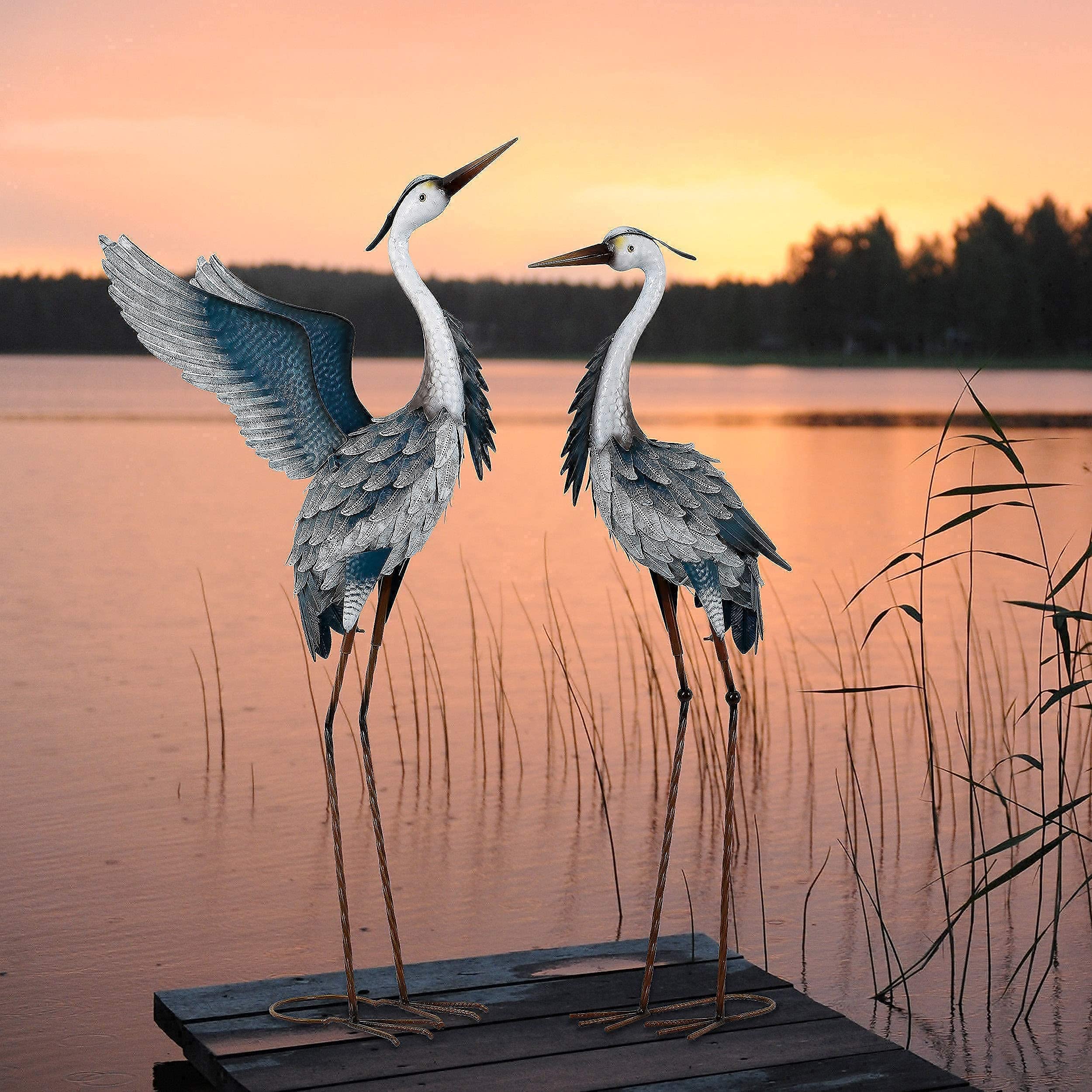 40.7 inch Metal Blue Heron Garden Statues +35 inch Peacock Sculpture for Garden Decor