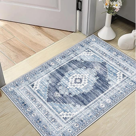 Area Rug 8x10 Large Rug: Washable Non-Slip Rugs Chenille Print Rug Soft Low-Pile Indoor Vintage Carpet for Living Room Bedroom Dining Table Kitchen Home Office(Blue, 8'x10')