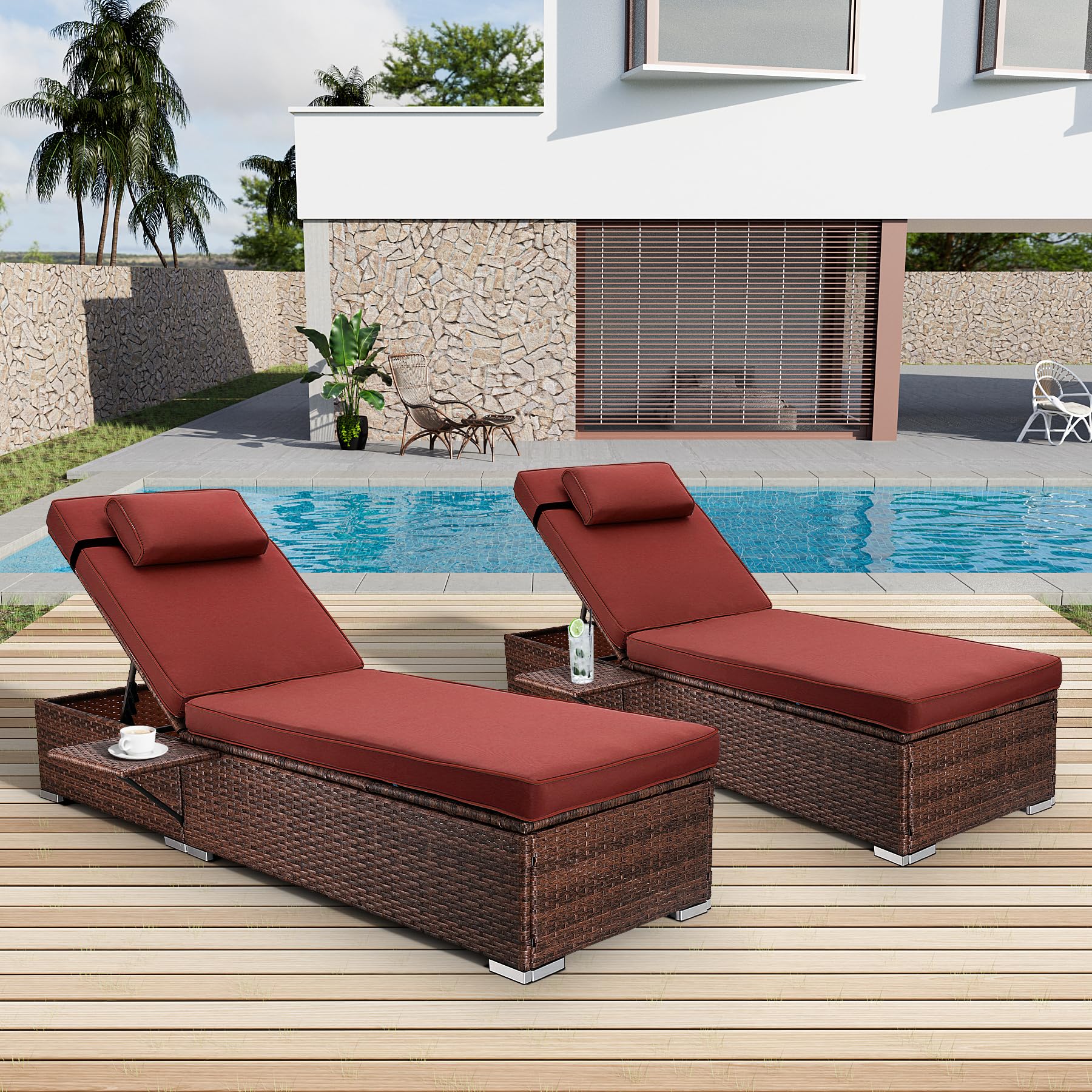 OUYESSIR Lounge Chairs for Outside, Adjustable 5 Position Patio PE Rattan Pool Lounge Chair with Cup Holder, Outdoor Reclining Wicker Chairs Set of 2 for Poolside Deck Beach Yard (Brown-Red)