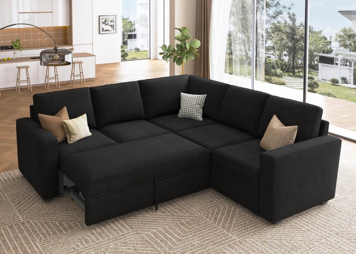 Modular Sectional Sleeper Sofa with Pull Out Bed, Velvet L Shaped Sectional