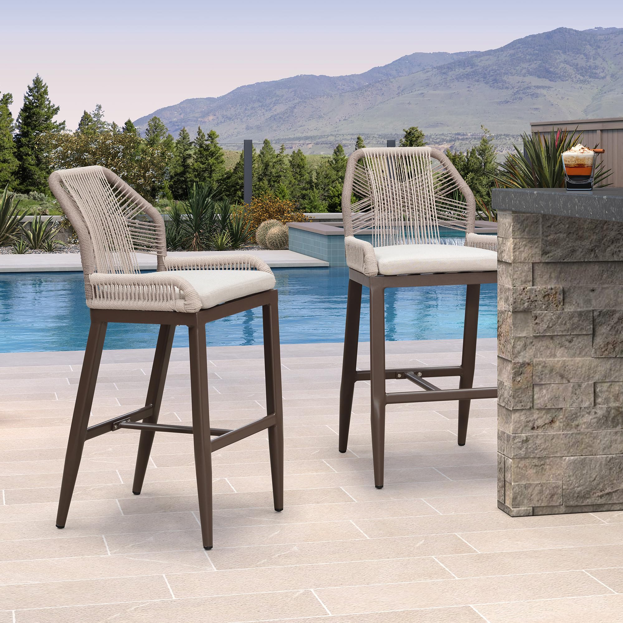 Patio Bar Stool Bar Height Set of 2 Outdoor Rattan Chairs with Back Modern Aluminum Woven Barstools