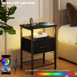 Night Stand Set 2, End Table with Charging Station, LED Bedside Table