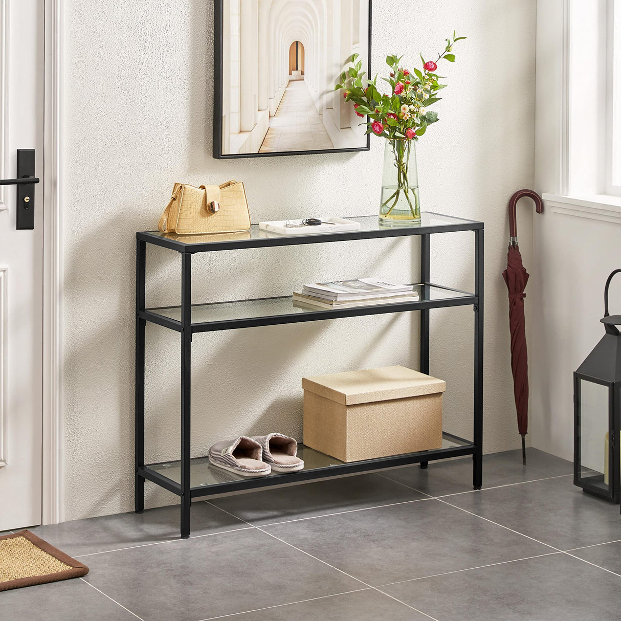 39.5" Console Table with 3 Storage Shelves,Tempered Glass Sofa Table