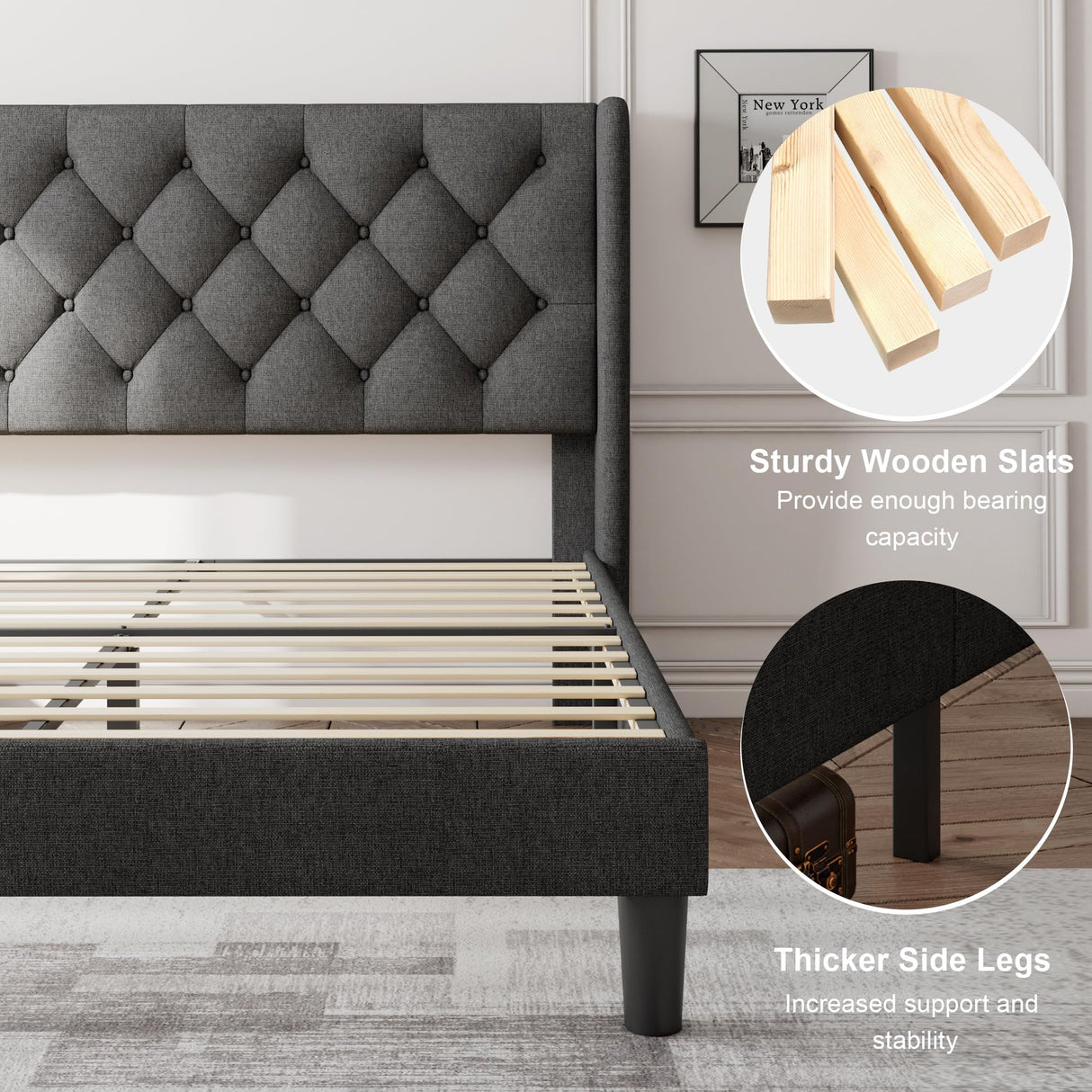 King Size Bed Frame with Wingback, Upholstered Platform Bed with Diamond Tufted