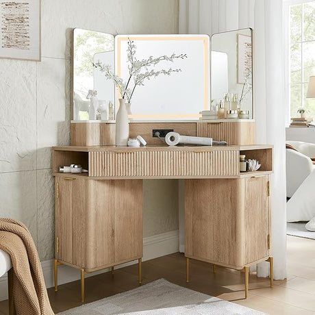 Corner Vanity Desk with Mirror and Lights, 48" Modern Fluted Makeup Vanity with Glass Top