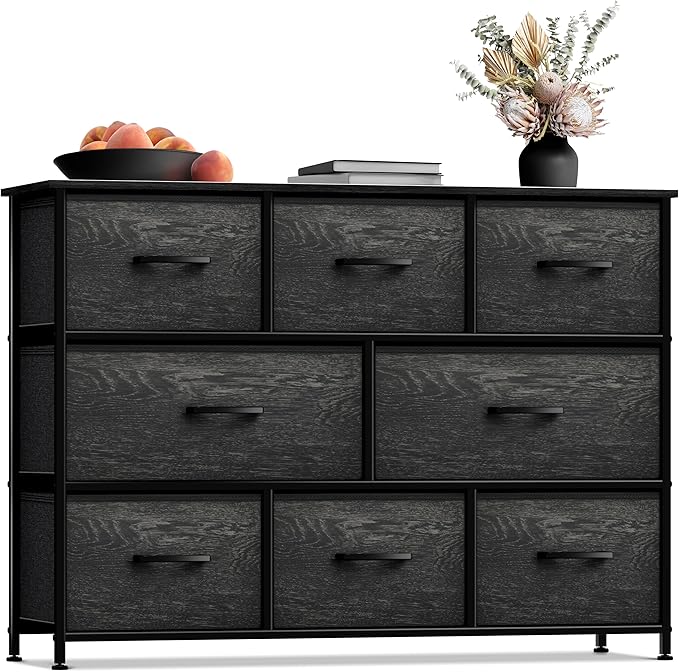 Dresser with 8 Faux Wood Drawers - Chest Organizer Unit with Steel Frame Wood Top & Handle Easy Pull Fabric