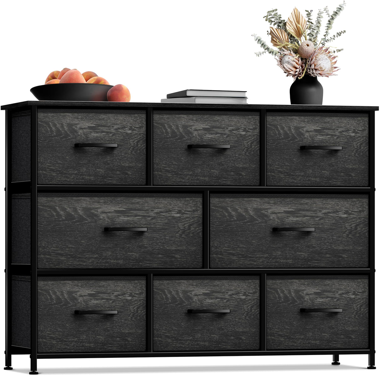 Dresser with 8 Faux Wood Drawers - Chest Organizer Unit with Steel Frame Wood Top & Handle Easy Pull Fabric