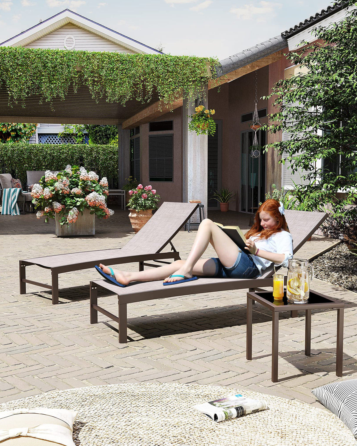 2PCS Patio Chaise Lounges and 1PC Table Set Aluminum Adjustable Lounge Chairs