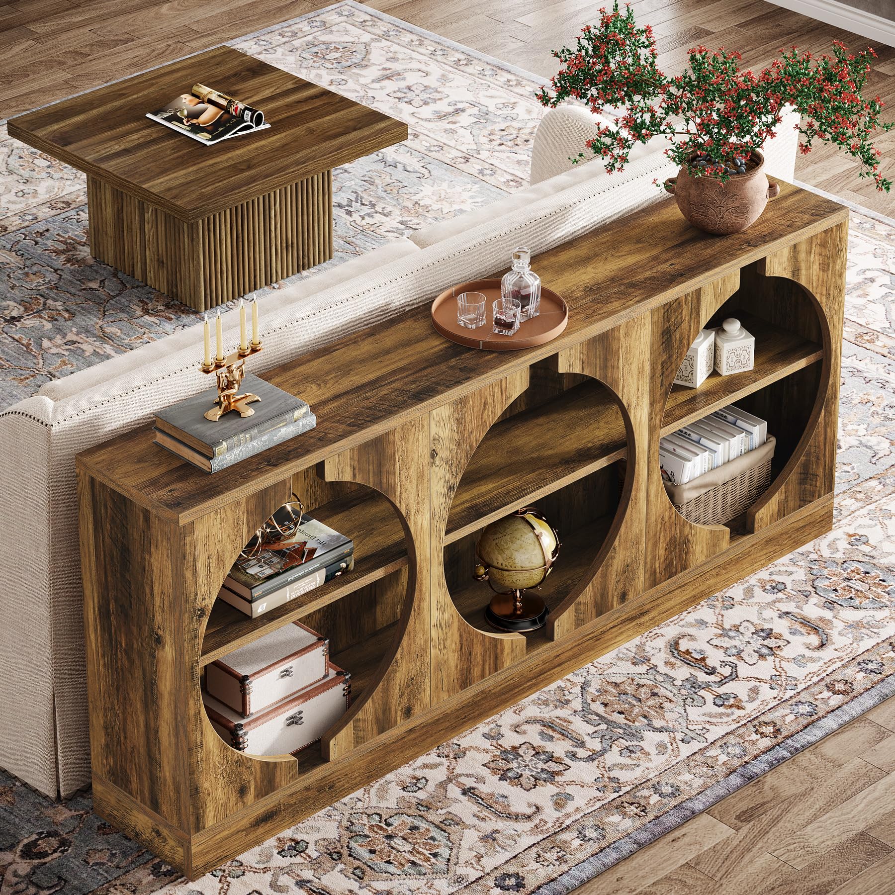 68.11-Inch Long Console Table, 3-Tier Entryway Table with Storage, All-Wood Sofa Table