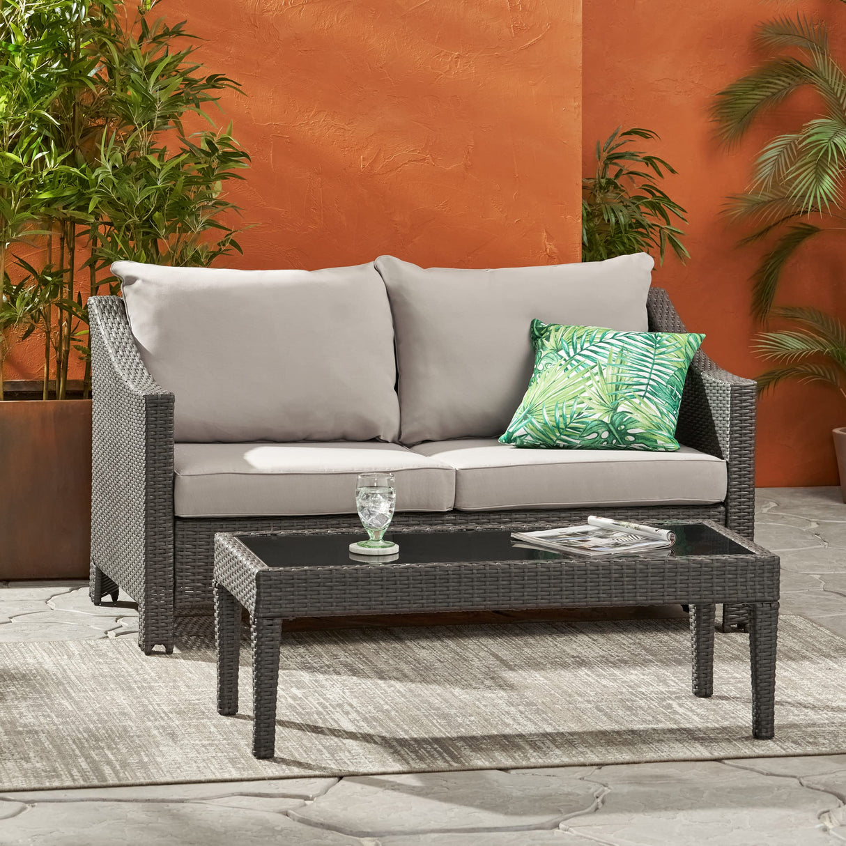 Antibes Outdoor Wicker Loveseat and Table Set