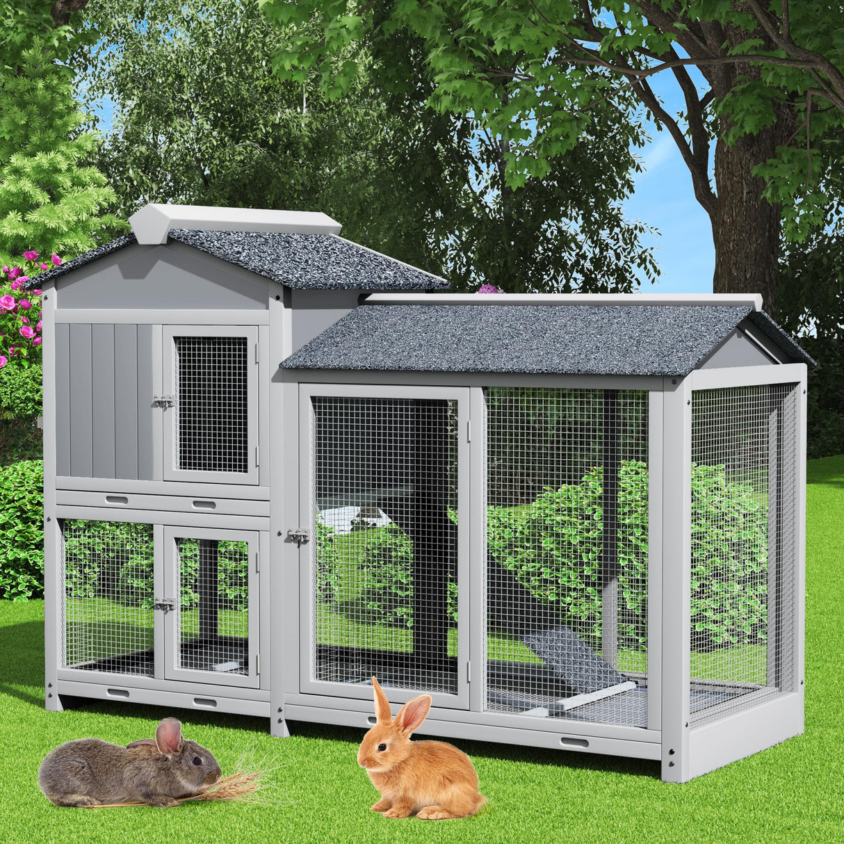 Rabbit Hutch Indoor Outdoor Bunny Cage 63” Guinea Pig Cage 2 Story Rabbit House