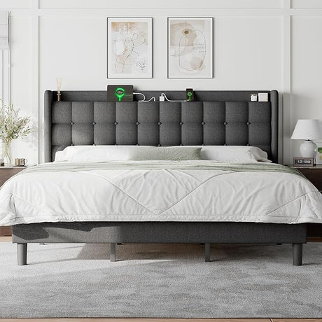 Queen Bed Frame with Charging Station, Upholstered Platform Bed Frame with Wingback