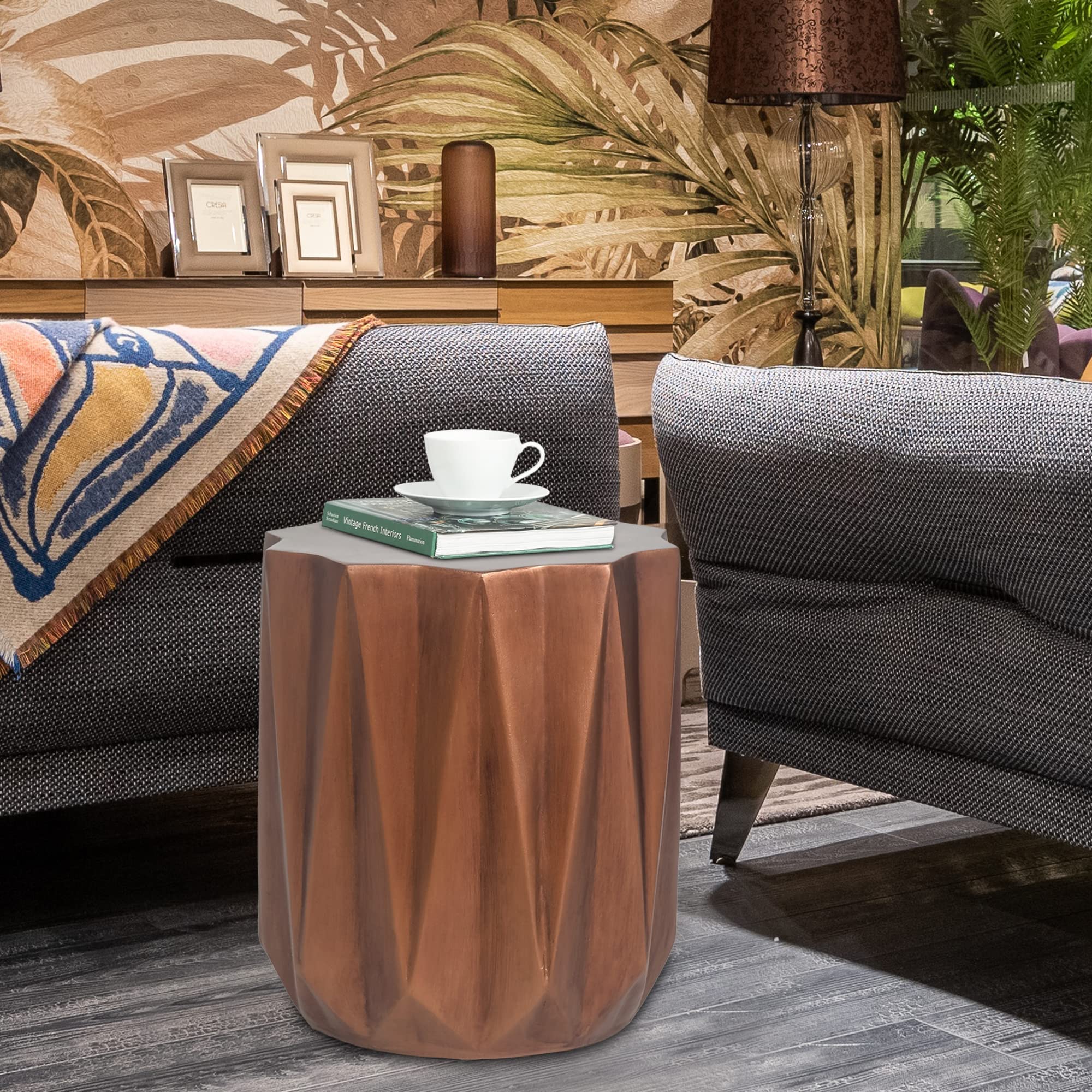 Light-Weight Concrete Outdoor Side Table, Modern Geometric Accent End Table