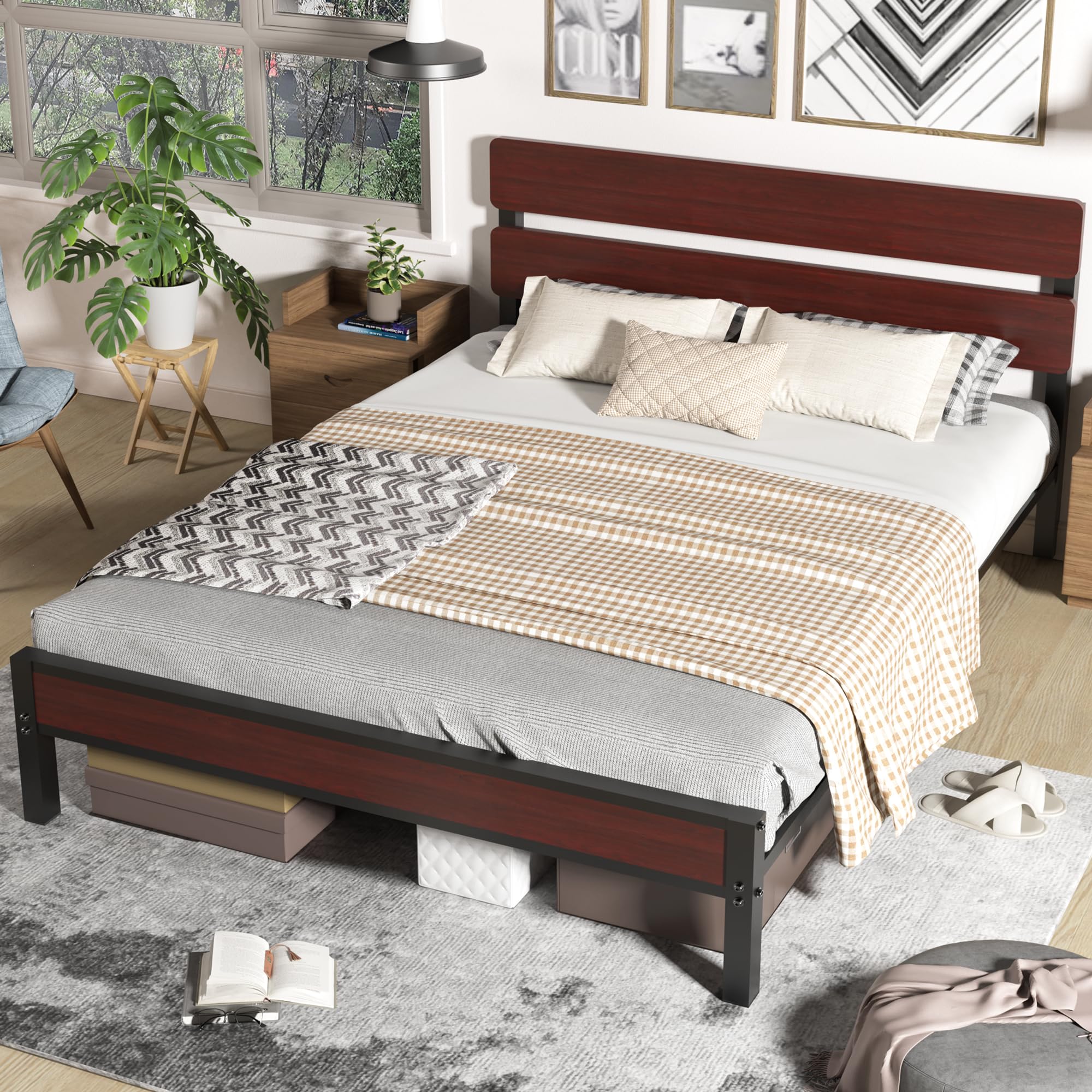 Bed Frame with Wood Headboard and Footboard, Platform Full Bed Frame
