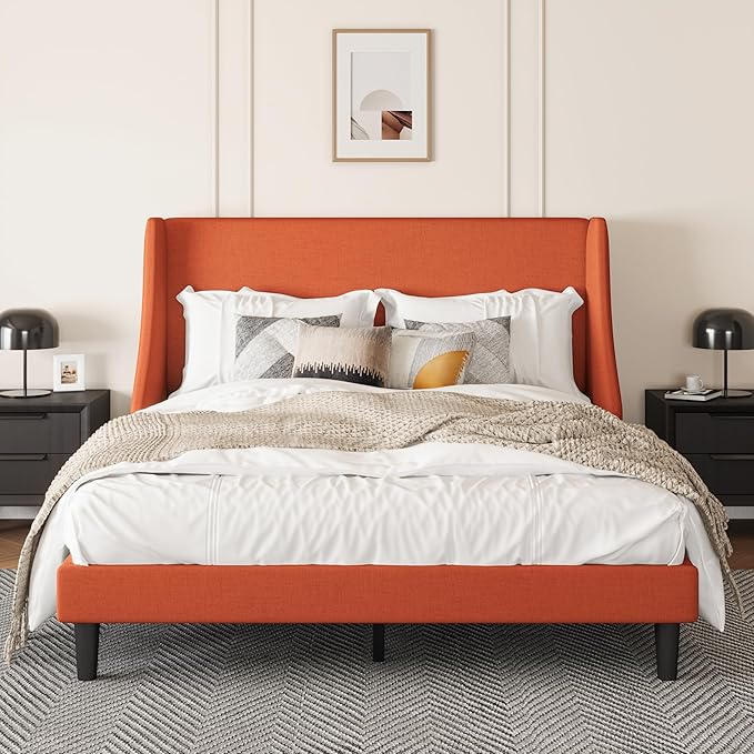 Upholstered Bed Frame Queen Size with Streamlined Wingback Headboard