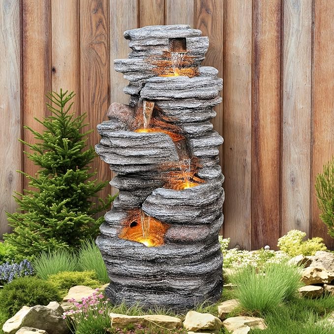 32" High 5-Tier Outdoor Water Fountain with LED Lights, Natural Wooden Look