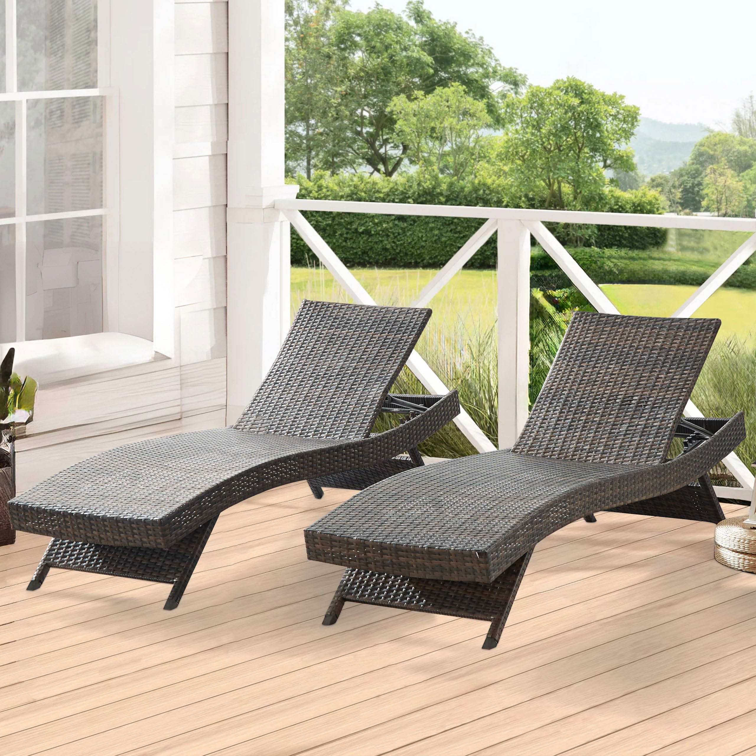 Set of 2), Outdoor PE Rattan Adjustable Recliner with 5-Level Backrest, Weatherproof
