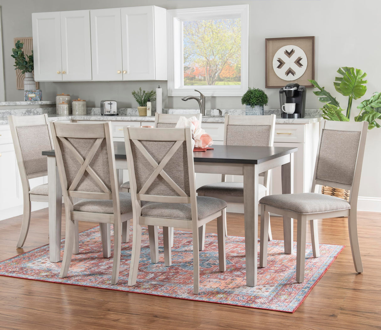 White and Dark Grey Sibley Seven Piece Dining Set with Beige Speckled Upholstery