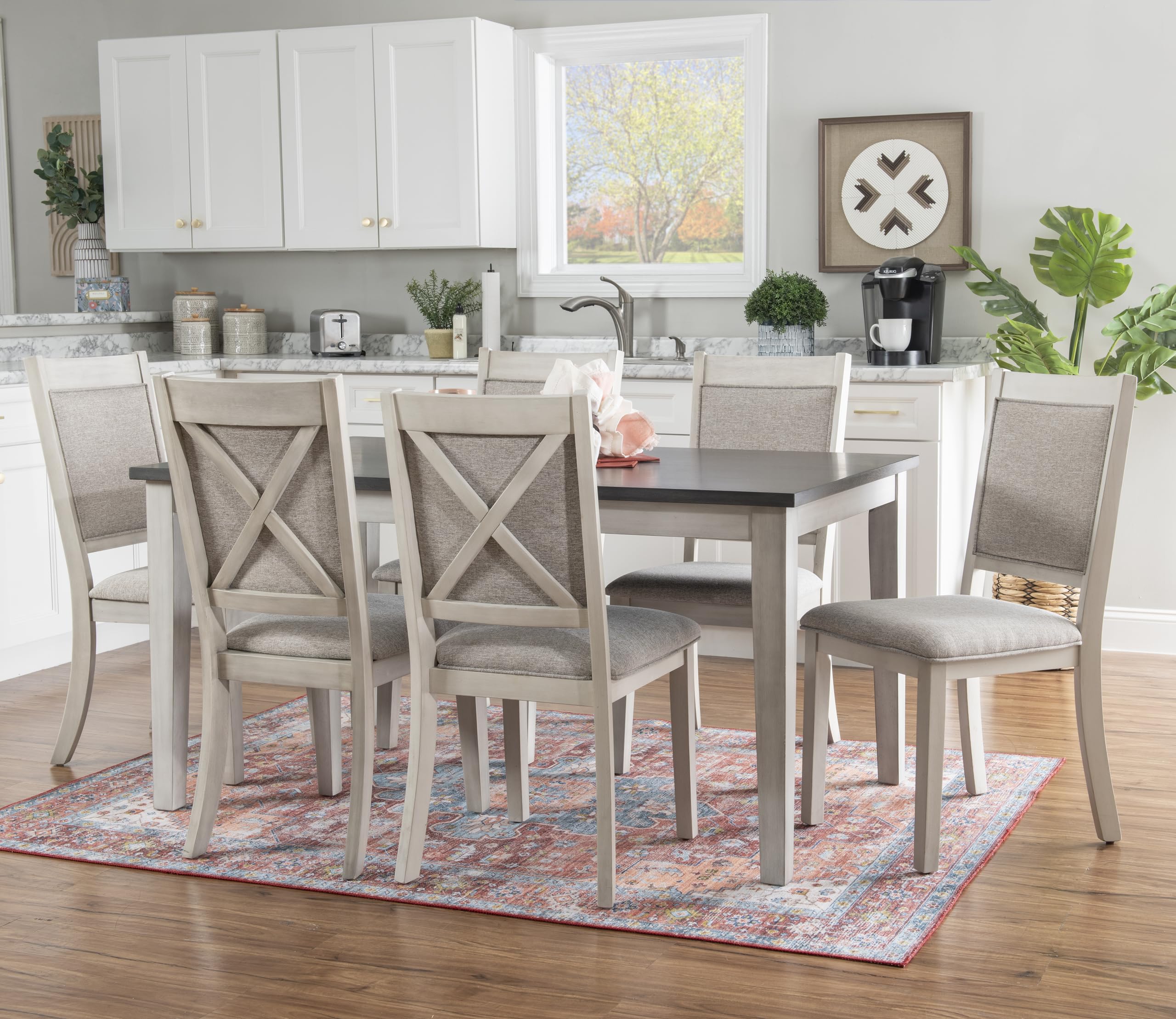 White and Dark Grey Sibley Seven Piece Dining Set with Beige Speckled Upholstery