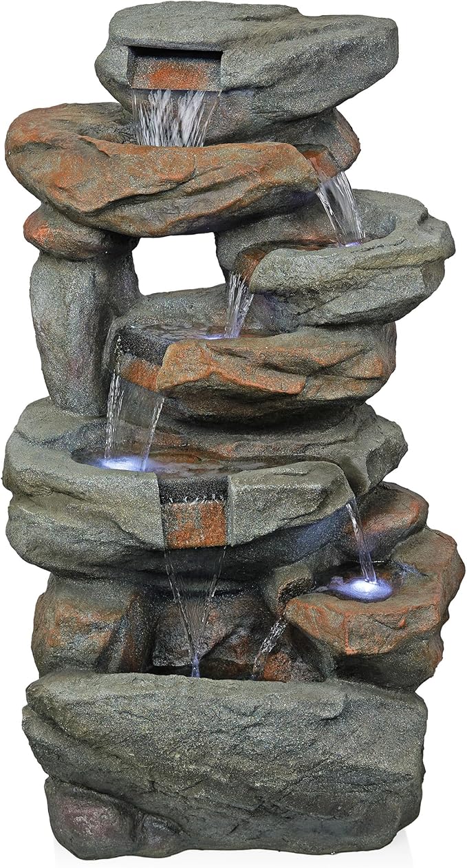 WIN930 Outdoor Floor Multi-Tiered Cascading Rock Garden Water Fountain with LED Lights