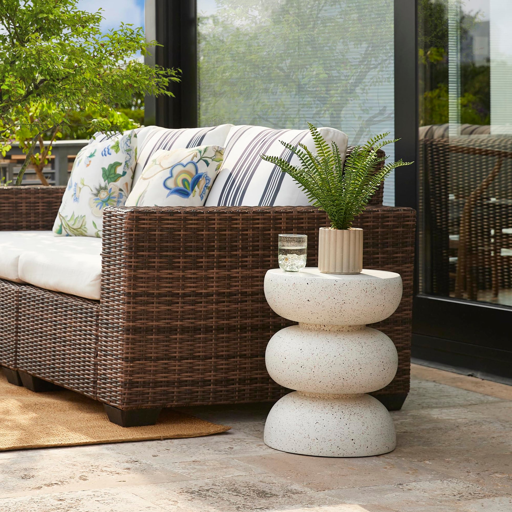 Glitzhome Outdoor Side Table, 18" H Decorative Garden Stool MGO Faux Terrazzo End Table, Heavy Duty Indoor Outdoor Round Planter Stand for Living Room Bedroom Patio Deck Poolside,White - Bircata