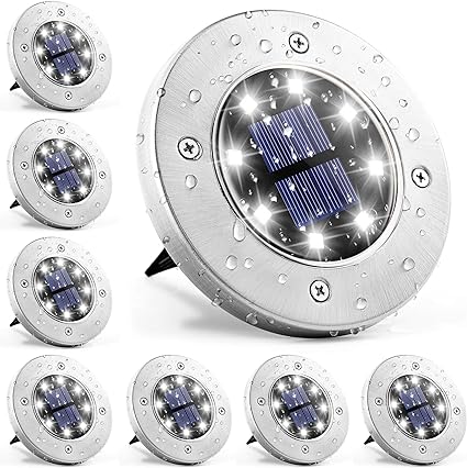 12 Pack Solar Ground Lights Outdoor, Waterproof 8 LED Solar Powered Disk Lights